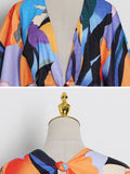 Momentlover Original Puff Sleeves Loose Contrast Color Printed Deep V-Neck Maxi Dresses