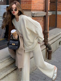 Momentlover Casual Loose Solid Color Round-Neck Sweater Tops & Wide Leg Pants Suits