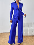 Momentlover Solid Color Knot Elasticity Wide Leg High Waisted Deep V-Neck Jumpsuits