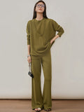Momentlover Urban Loose Solid Round-Neck Vest Top& V-Neck Sweater Tops& Wide Leg Pants Three-Piece Set