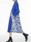 Momentlover Printed Buttoned Asymmetric Loose Long Sleeves Lapel Shirt Dress Midi Dresses