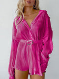 Momentlover Tied Waist Solid Color Pleated Buttoned Long Sleeves Lapel Shirt Dress Mini Dresses