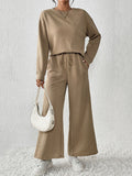 Momentlover Solid Color Long Sleeves Loose Round-Neck Shirts Top + Drawstring Pants Bottom Two Pieces Set