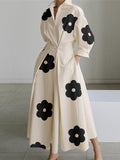 Momentlover Long Sleeves Loose Contrast Color Floral Printed Pleated Tied Waist Lapel Shirt Dress
