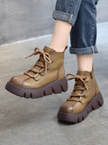 Momentlover Vintage Cow Leather Wool Boots Platform Shoes