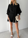 Momentlover Solid Color High-Low Long Sleeves Buttoned Jacquard Lapel Shirts Top +Shorts Bottom Two Pieces Set