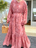 Momentlover Tied Waist Split-Joint Solid Color Pleated Flower Print Puff Sleeves Loose Round-Neck Maxi Dresses