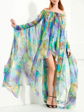 Momentlover Batwing Sleeves High-Low Printed Off-The-Shoulder Maxi Dresses
