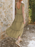 Momentlover Solid Color Sleeveless Loose V-Neck Midi Dresses