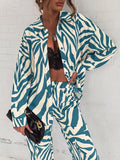 Momentlover Zebra-Stripe Plus Size Long Sleeves Buttoned Lapel Blouses Top + Elasticity Pants Bottom Two Pieces Set