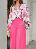 Momentlover Original Contrast Color Blouse&Solid Wide Legs Pants 2 Pieces Set