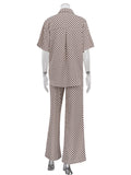 Momentlover Printed Plaid Wide Leg  Pants&Lapel Shirts Tops Two Pieces Set