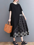 Momentlover Casual Printed Polka-Dot Split-Joint  Asymmetric Round-Neck Plus Size Midi Dress