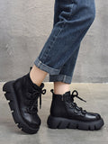 Momentlover Vintage Cow Leather Wool Boots Platform Shoes