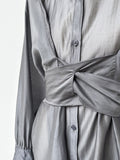 Momentlover Solid Color Long Sleeves Tied Waist Blouse + Loose Elasticity Waist Skirt Two Pieces Set