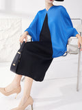 Momentlover Pleated Contrast Color Loose Batwing Sleeves Round-neck Midi Dresses