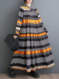 Momentlover Split-Joint Polka-Dot Buttoned Loose Long Sleeves Round-Neck Midi Dresses