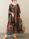 Momentlover Vintage Loose Abstract Printed Pleated Round-Neck Half Sleeves Midi Dress