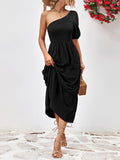 Momentlover Solid Color Puff Sleeves Loose One-Shoulder Midi Dresses