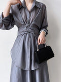 Momentlover Solid Color Long Sleeves Tied Waist Blouse + Loose Elasticity Waist Skirt Two Pieces Set