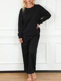 Momentlover Solid Color Long Sleeves Loose Round-Neck Shirts Top + Drawstring Pants Bottom Two Pieces Set