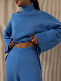 Momentlover Casual Solid Color Irregularity High-Neck Sweater& Wide Leg Pants Suits