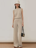 Momentlover Urban Loose Solid Round-Neck Vest Top& V-Neck Sweater Tops& Wide Leg Pants Three-Piece Set