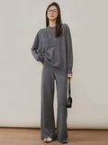 Momentlover Urban Loose Solid Round-Neck Vest Top& V-Neck Sweater Tops& Wide Leg Pants Three-Piece Set