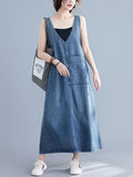 Momentlover Loose Sleeveless Denim V-Neck Midi Dress