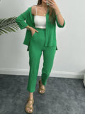 Momentlover Solid Color Split-Side Lapel High-Low Buttoned Blouses Top+ High Waisted Elasticity Pants Two Pieces Set