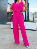 Momentlover Split-Joint Solid Color Pleated Elasticity Backless Sleeveless High Waisted Jumpsuits