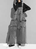 Momentlover Split-Joint Pockets Sleeveless Loose Overalls Jean Pants Bottoms
