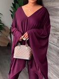 Momentlover Batwing Sleeves Loose Solid Color V-Back V-Neck Shirts Tops&Pants Two Pieces Set