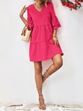 Momentlover Flared Sleeves Half Sleeves Solid Color V-Neck Mini Dresses