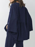Momentlover High-Low Batwing Sleeves Beaded Round-Neck Shirts Top + Elasticity Pleated Pants Bottom Two Pieces Set