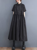 Momentlover Simple Short Sleeves Loose Buttoned Falbala Split-Joint Solid Color Midi Shirt Dress