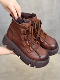 Momentlover Vintage Cow Leather Wool Boots Platform Shoes