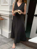 Momentlover Solid Color Sleeveless Loose Round-neck Midi Dresses