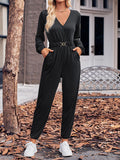 Momentlover Elasticity Belted Long Sleeves V-neck Jumpsuits