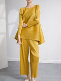 Momentlover Loose Pleated Solid Color High-Low Round-Neck T-Shirts  + Pants Two Pieces Set