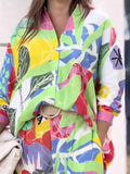 Momentlover Contrast Color Printed Buttoned Long Sleeves Lapel Blouses Top+ High Waisted Pants Bottom Two Pieces Set