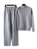 Momentlover Urban Long Sleeves Loose Solid Half Turtleneck Sweater Tops & Wide Leg Pants Two Pieces Set