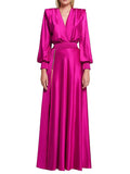Momentlover Zipper Split-Side Buttoned Puff Sleeves Loose Deep V-Neck Maxi Dresses