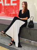 Momentlover Black&White Split-joint V-neck Long Dress