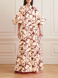 Momentlover Loose Flower Shape Solid Color Stand Collar Lantern Sleeves Maxi Dresses