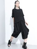 Momentlover Loose Solid Color Round-Neck Short Sleeves  Tops+ Elasticity Pleated Cropped Pants Two Pieces Set