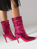 Momentlover Split-Joint Solid Color Snakeskin Printed Pleated Pumps Boots