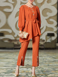 Momentlover Rhine Stones Asymmetric Tied Waist Pleated Shirt Top+Split-Front Pants Bottom Two Pieces Set