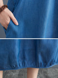 Momentlover Simple Denim Blue Round-Neck Buttoned Sleeveless Midi Dress