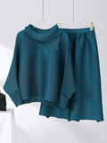 Momentlover Simple Loose Long Sleeves Pleated Solid Color High-Neck T-Shirt Top&Wide Legs Pants Two Pieces Set